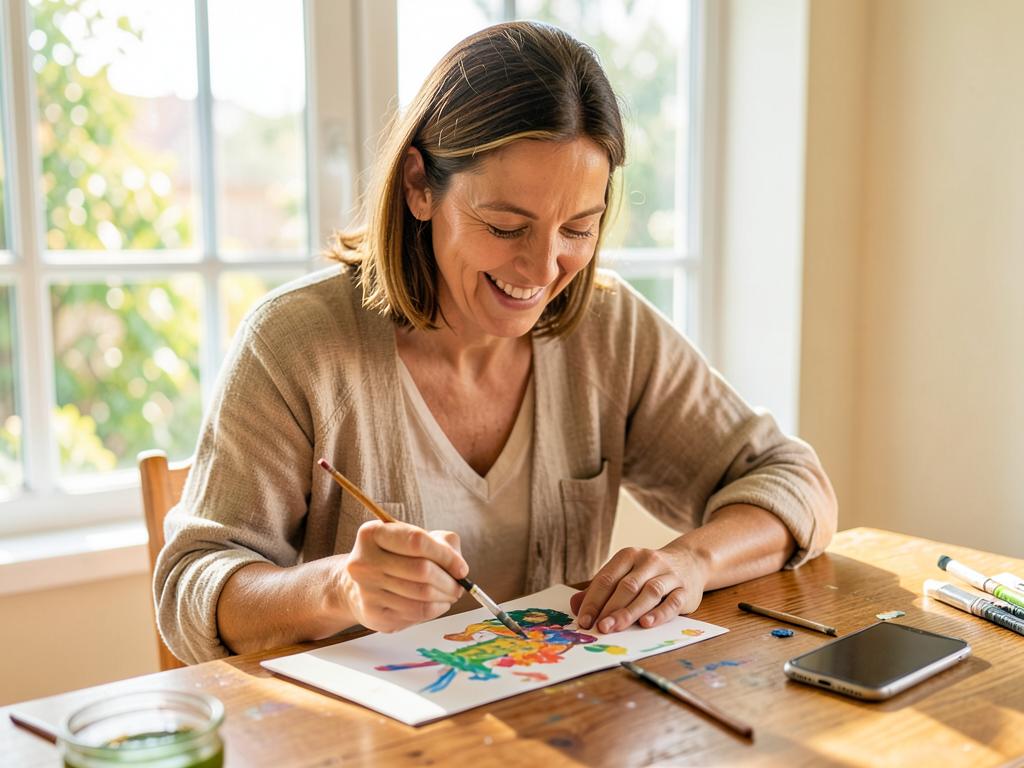 A woman enjoying a colorful painting break with her phone set aside