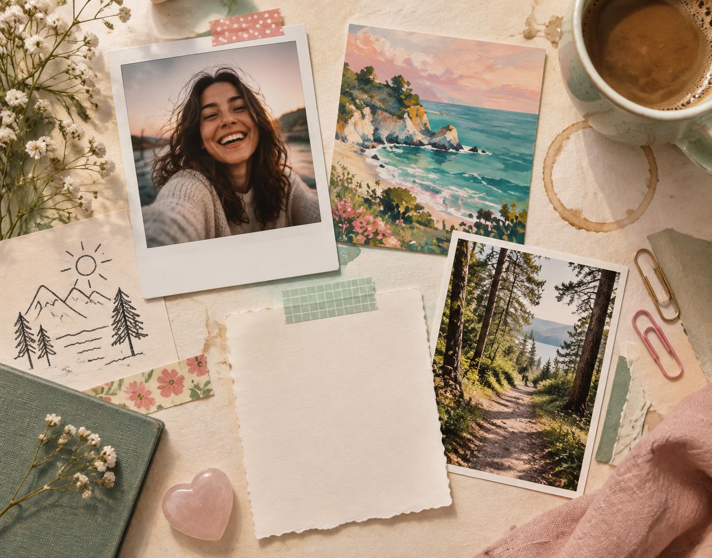 A scrapbook of a laugh, a painting, coffee, a walk, and a doodle