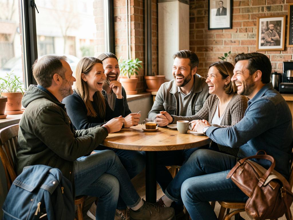 A group of friends laughing together over coffee after work