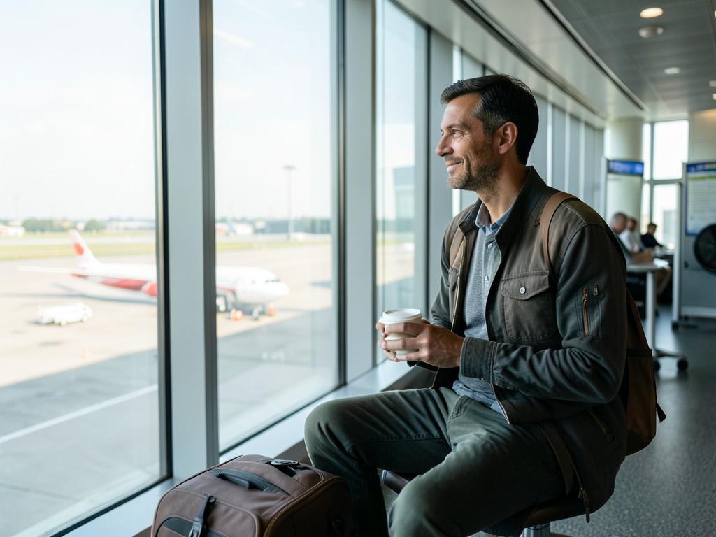 A traveler taking a quiet coffee break beside an airport window