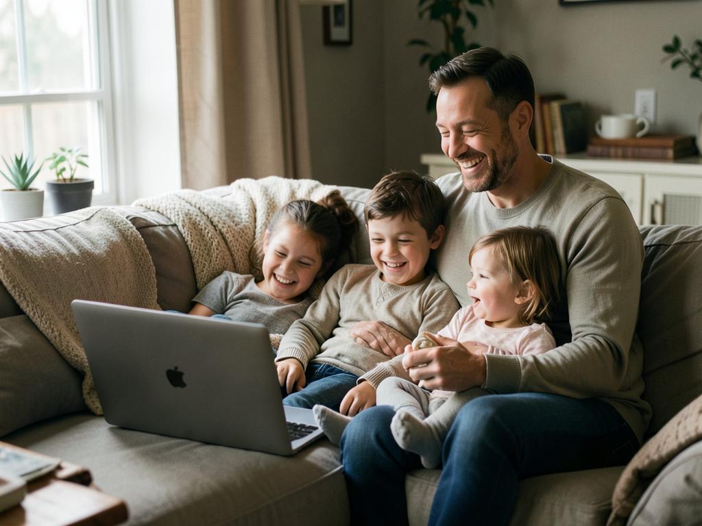 A parent laughing with three children in a cozy living room