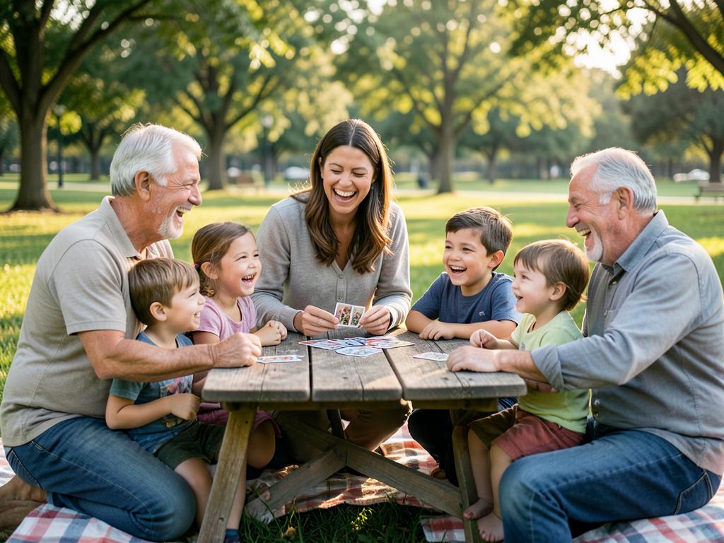 Children, parents, and grandparents enjoying a card game in the park