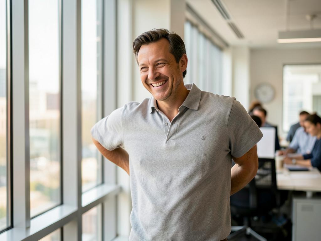 A professional enjoying a quick stretch beside an office window